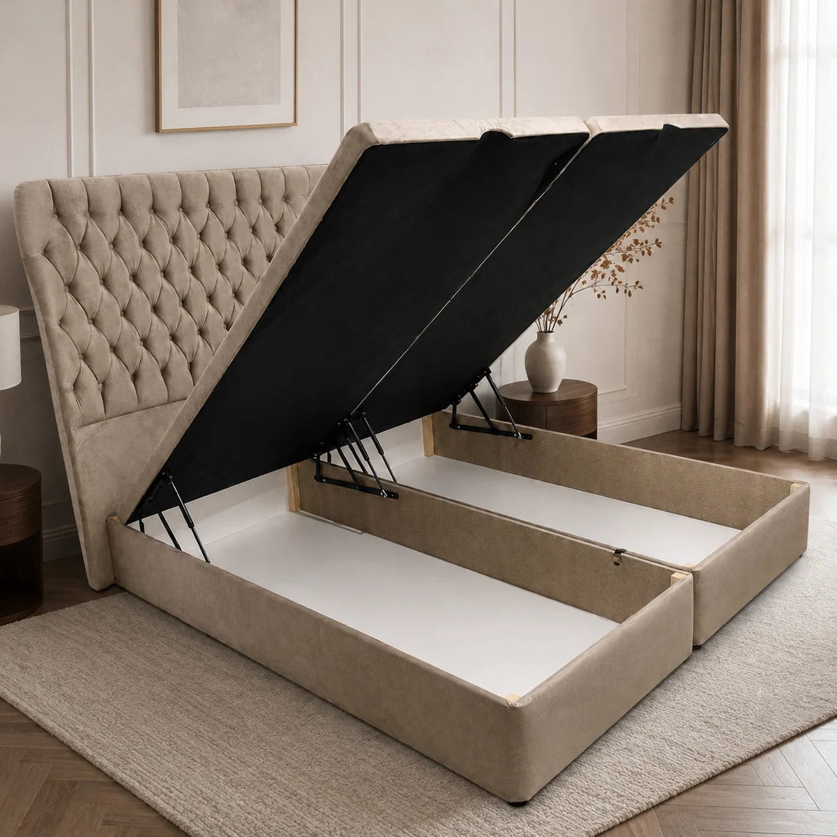 Divan Ottoman Bed | Chesterfield | Winged | Gaslift Storage | Beige | Choose Sizes, Colours & Fabrics