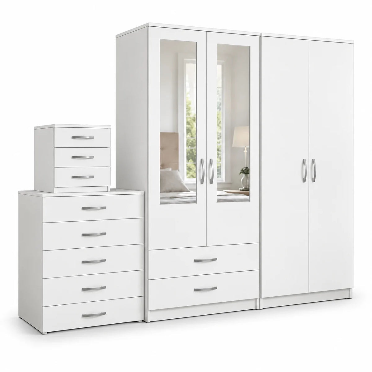 White 4-Door 4-Piece Bedroom Set with Dual Mirrors, Chest & Bedside Cabinet