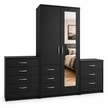 Black 2-Door 3-Piece Bedroom Set with Mirror, Chest & Bedside Cabinet | Choose Colours