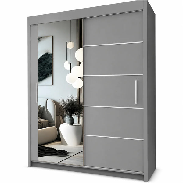 Grey Sliding Door Wardrobe with Mirror – Chrome Strip Detail | More Colours | More Sizes  Available