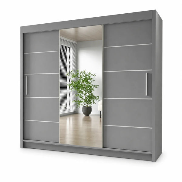 Grey 3-Door Sliding Wardrobe with Centre Mirror | More Colours Available