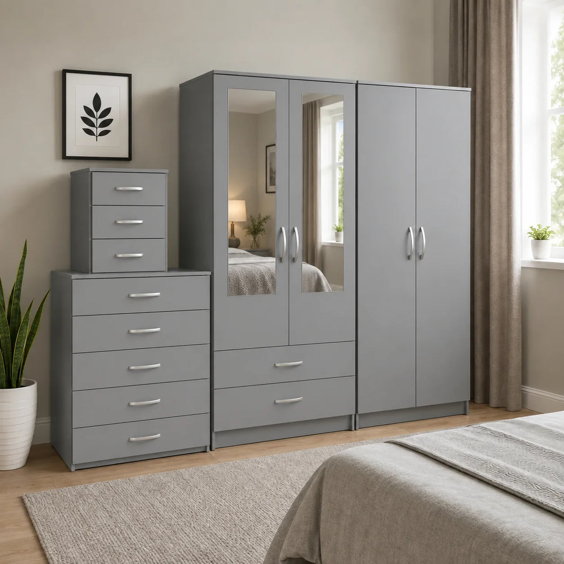 Grey 4-Door 4-Piece Bedroom Set with Dual Mirrors, Chest & Bedside Cabinet