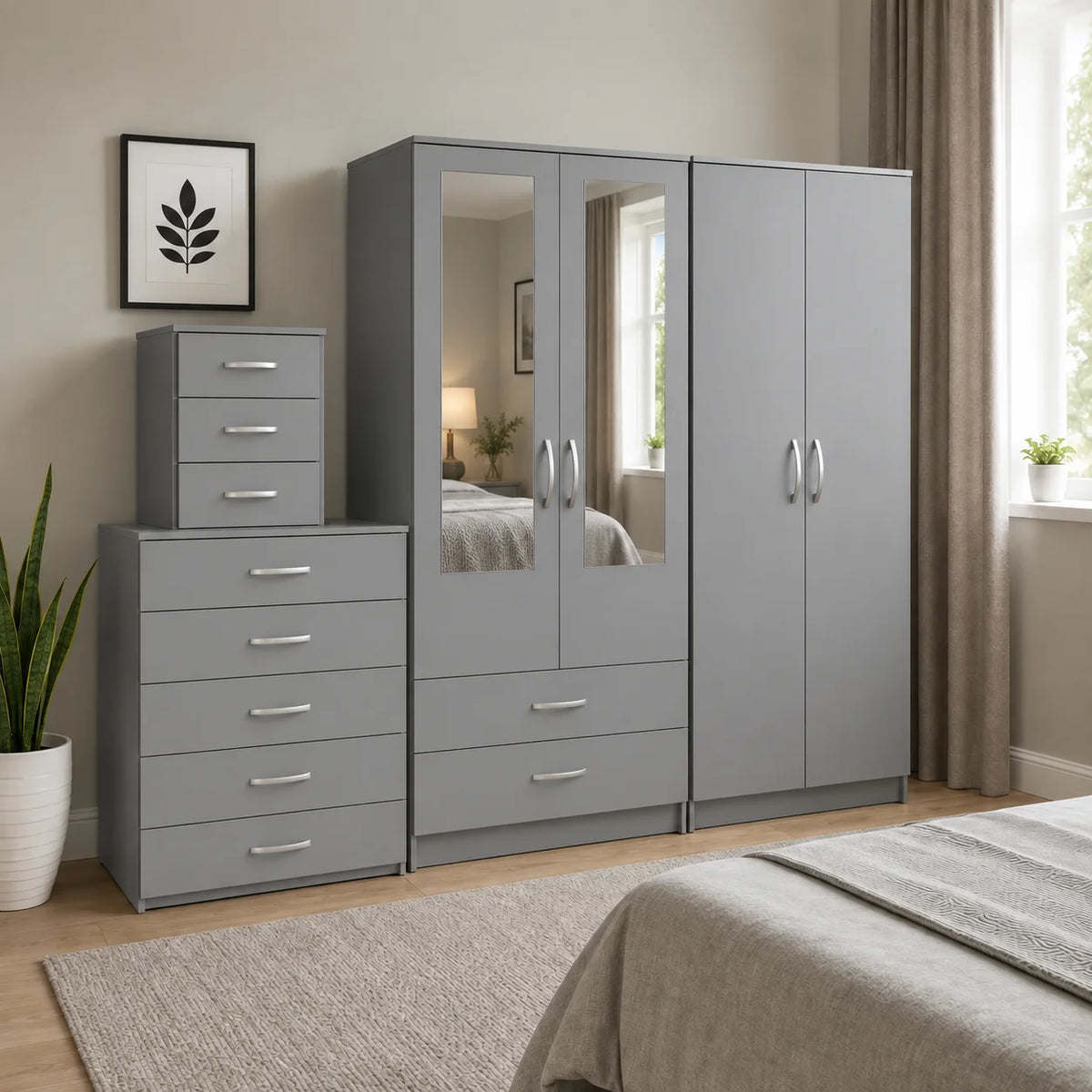 Grey 4-Door 4-Piece Bedroom Set with Dual Mirrors, Chest & Bedside Cabinet
