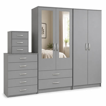 Grey 4-Door 4-Piece Bedroom Set with Dual Mirrors, Chest & Bedside Cabinet