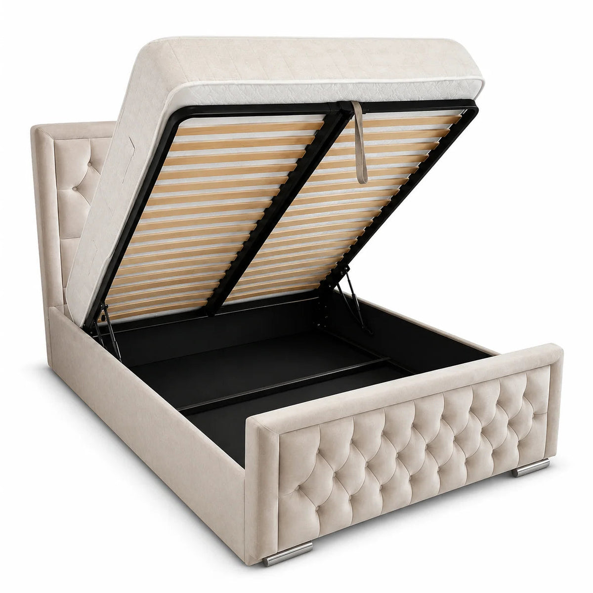 Luxury Gaslift Bed | Wing Chesterfield | Ivory | Choose Sizes, Fabrics & Colours
