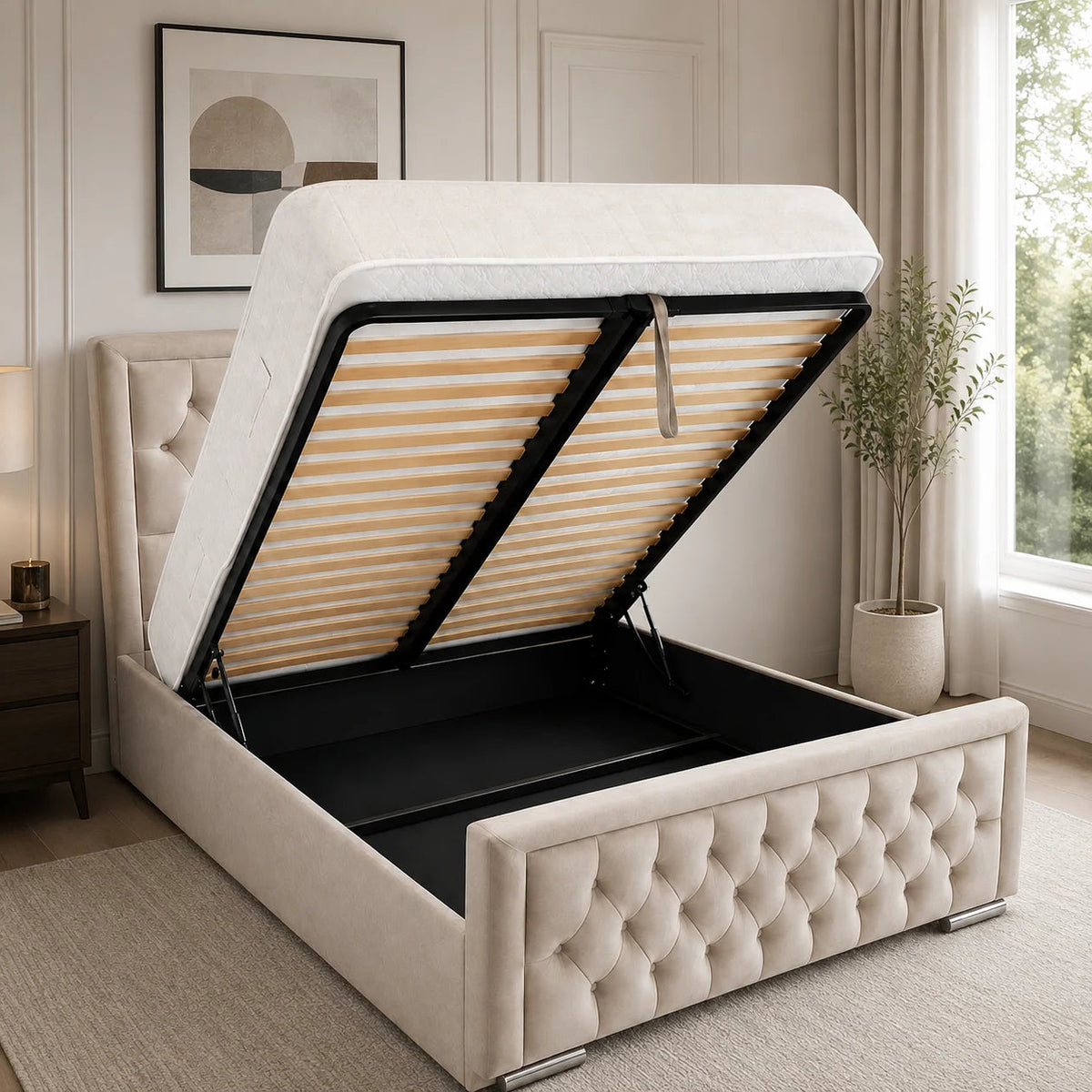Luxury Gaslift Bed | Wing Chesterfield | Ivory | Choose Sizes, Fabrics & Colours