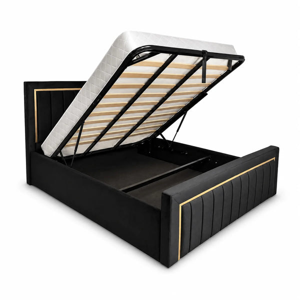 Luxury Gaslift Bed | Gold Panel Line | Black | Choose Sizes, Fabrics & Colours