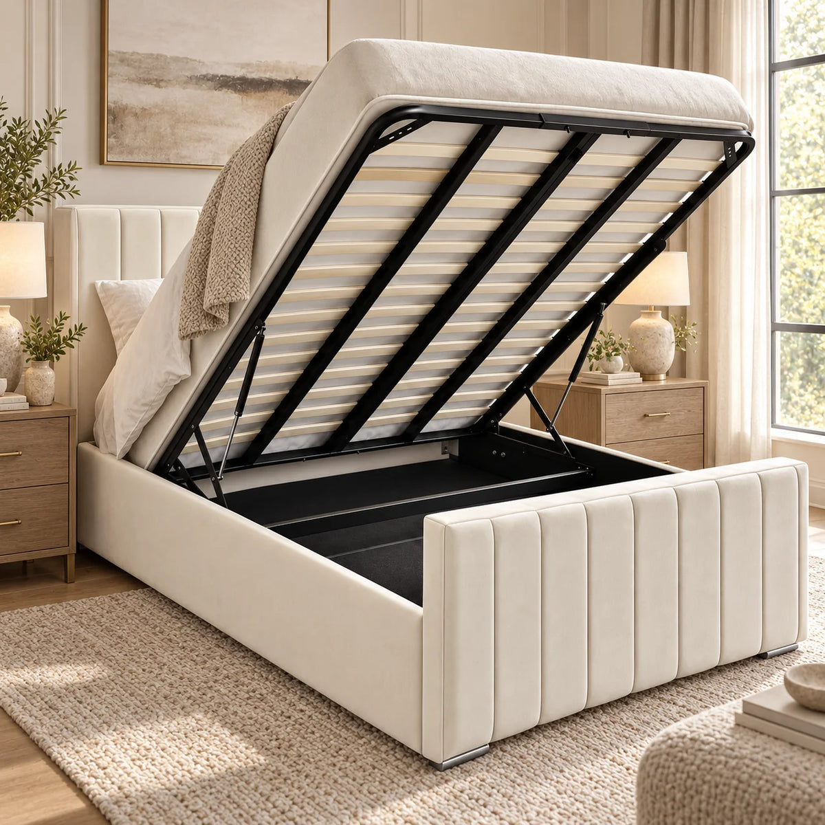 Luxury Gaslift Bed | Panel Line | Ivory | Choose Sizes, Fabrics & Colours